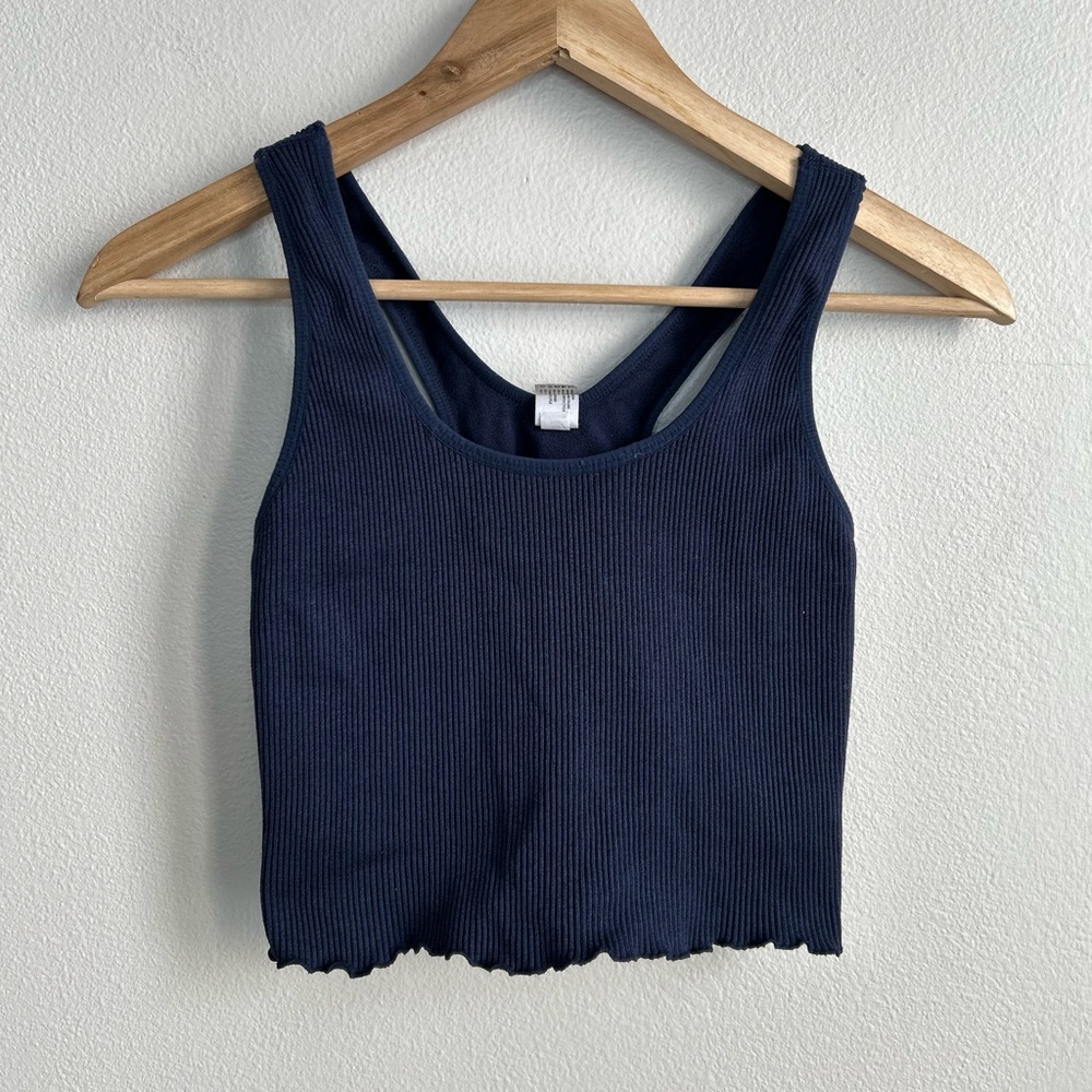 90 Degrees by Reflex Navy Ribbed Lettuce Trim Crop Athletic Tank Top Shelf Bra M